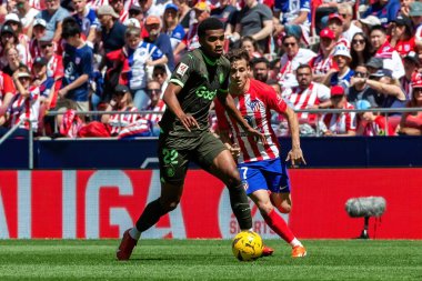 Madrid, İspanya - 13 Nisan 2024: Metropolitan 'da Atletico de Madrid ile Girona FC arasında oynanan lig maçı. Girona oyuncuları. Bir golü kutluyoruz profesyonel futbolcular..
