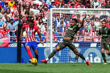 Madrid, İspanya - 13 Nisan 2024: Metropolitan 'da Atletico de Madrid ile Girona FC arasında oynanan lig maçı. Bir golü kutluyoruz profesyonel futbolcular..