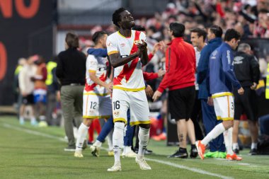 Madrid, İspanya - 15 Mayıs 2024: Madrid 'de oynanan Rayo Vallecano ve Granada FC ligi maçı. Vallecas takımı için zafer. Birinci bölümde kutlama ve kalıcılık.