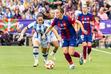 Zaragoza, İspanya - 18 Mayıs 2024: Zaragoza 'da FC Barcelona ile Real Sociedad arasında oynanan Queen' s Cup of Women 'ın finali. Katalan takımı için zafer. Futbolcular.