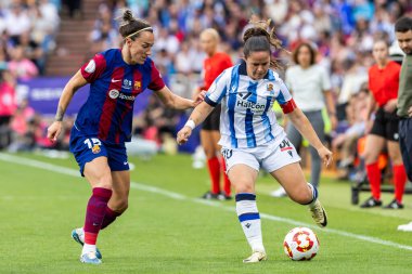 Zaragoza, İspanya - 18 Mayıs 2024: Zaragoza 'da FC Barcelona ile Real Sociedad arasında oynanan Queen' s Cup of Women 'ın finali. Katalan takımı için zafer. Futbolcular.