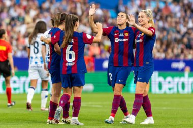 Zaragoza, İspanya - 18 Mayıs 2024: Zaragoza 'da FC Barcelona ile Real Sociedad arasında oynanan Queen' s Cup of Women 'ın finali. Katalan takımı için zafer. Futbolcular.