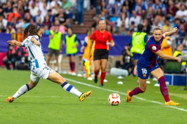 Zaragoza, İspanya - 18 Mayıs 2024: Zaragoza 'da FC Barcelona ile Real Sociedad arasında oynanan Queen' s Cup of Women 'ın finali. Katalan takımı için zafer. Futbolcular.