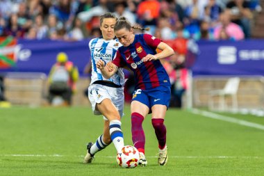 Zaragoza, İspanya - 18 Mayıs 2024: Zaragoza 'da FC Barcelona ile Real Sociedad arasında oynanan Queen' s Cup of Women 'ın finali. Katalan takımı için zafer. Futbolcular.