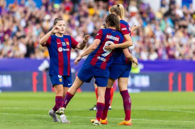 Zaragoza, İspanya - 18 Mayıs 2024: Zaragoza 'da FC Barcelona ile Real Sociedad arasında oynanan Queen' s Cup of Women 'ın finali. Katalan takımı için zafer. Futbolcular.