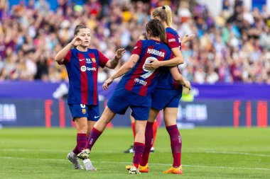 Zaragoza, Spain- May 18, 2024: Final of the Queen's Cup of women's soccer played in Zaragoza between F.C Barcelona and Real Sociedad. Victory for the Catalan team. Soccer players. clipart