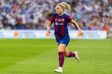 Zaragoza, İspanya - 18 Mayıs 2024: Zaragoza 'da FC Barcelona ile Real Sociedad arasında oynanan Queen' s Cup of Women 'ın finali. Katalan takımı için zafer. Futbolcular.