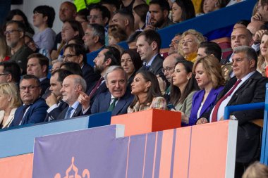 Zaragoza, Spain- May 18, 2024: Final of the Queen's Cup of women's soccer played in Zaragoza between F.C Barcelona and Real Sociedad. Queen Doa Leticia attends the soccer game. clipart