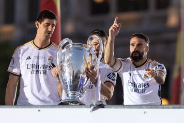 Madrid, İspanya: Real Madrid futbol takımı Plaza de Cibeles 'de düzenlenen 15. Şampiyonlar Ligi Kupası' nı kutluyor. 15 Avrupa kupası. UEFA Kupası. Gerçek Madrid oyuncuları. R. Madrid Kutlaması.