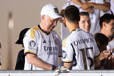 Madrid, İspanya: Real Madrid futbol takımı Plaza de Cibeles 'de düzenlenen 15. Şampiyonlar Ligi Kupası' nı kutluyor. 15 Avrupa kupası. UEFA Kupası. Gerçek Madrid oyuncuları. R. Madrid Kutlaması.