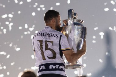 Madrid, Spain: Real Madrid football team celebrates the fifteenth Champions League Cup in the Plaza de Cibeles. 15 European cups. UEFA Cup. Real Madrid players. Celebration R. Madrid clipart