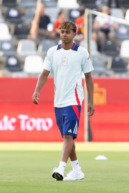 Badajoz, İspanya - 5 Haziran 2024: İspanyol futbol takımı Bajajoz 'da Andorra takımıyla dostluk maçı yapar. Tam bir futbol takımı. Euro 2024.