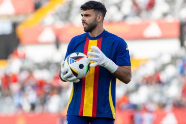 Badajoz, İspanya - 5 Haziran 2024: İspanyol futbol takımı Bajajoz 'da Andorra takımıyla dostluk maçı yapar. Tam bir futbol takımı. Euro 2024.