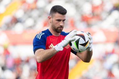 Badajoz, İspanya - 5 Haziran 2024: İspanyol futbol takımı Bajajoz 'da Andorra takımıyla dostluk maçı yapar. Tam bir futbol takımı. Euro 2024.
