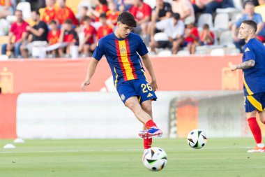 Badajoz, İspanya - 5 Haziran 2024: İspanyol futbol takımı Bajajoz 'da Andorra takımıyla dostluk maçı yapar. Tam bir futbol takımı. Euro 2024.