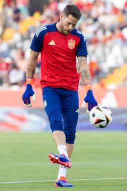Badajoz, İspanya - 5 Haziran 2024: İspanyol futbol takımı Bajajoz 'da Andorra takımıyla dostluk maçı yapar. Tam bir futbol takımı. Euro 2024.