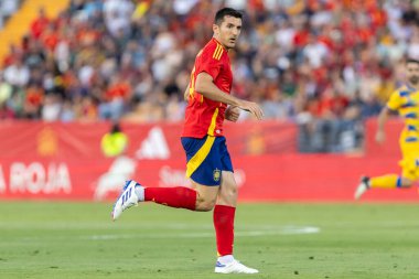 Badajoz, İspanya - 5 Haziran 2024: İspanyol futbol takımı Bajajoz 'da Andorra takımıyla dostluk maçı yapar. Tam bir futbol takımı. Euro 2024.