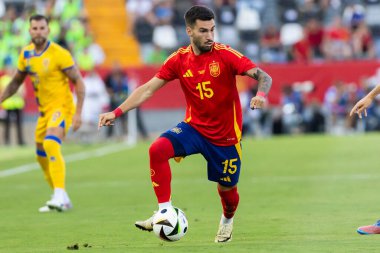 Badajoz, İspanya - 5 Haziran 2024: İspanyol futbol takımı Bajajoz 'da Andorra takımıyla dostluk maçı yapar. Tam bir futbol takımı. Euro 2024.