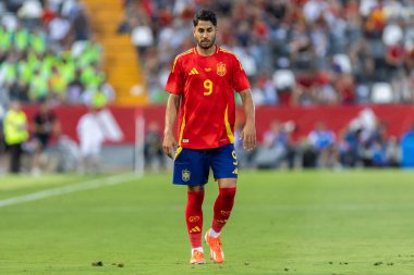 Badajoz, İspanya - 5 Haziran 2024: İspanyol futbol takımı Bajajoz 'da Andorra takımıyla dostluk maçı yapar. Tam bir futbol takımı. Euro 2024.