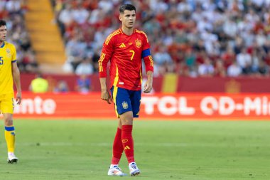 Badajoz, İspanya - 5 Haziran 2024: İspanyol futbol takımı Bajajoz 'da Andorra takımıyla dostluk maçı yapar. Tam bir futbol takımı. Euro 2024.
