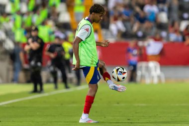 Badajoz, İspanya - 5 Haziran 2024: İspanyol futbol takımı Bajajoz 'da Andorra takımıyla dostluk maçı yapar. Tam bir futbol takımı. Euro 2024.