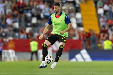 Badajoz, İspanya - 5 Haziran 2024: İspanyol futbol takımı Bajajoz 'da Andorra takımıyla dostluk maçı yapar. Tam bir futbol takımı. Euro 2024.