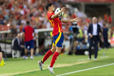 Badajoz, İspanya - 5 Haziran 2024: İspanyol futbol takımı Bajajoz 'da Andorra takımıyla dostluk maçı yapar. Tam bir futbol takımı. Euro 2024.
