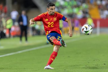 Badajoz, İspanya - 5 Haziran 2024: İspanyol futbol takımı Bajajoz 'da Andorra takımıyla dostluk maçı yapar. Tam bir futbol takımı. Euro 2024.