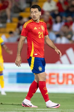 Badajoz, İspanya - 5 Haziran 2024: İspanyol futbol takımı Bajajoz 'da Andorra takımıyla dostluk maçı yapar. Tam bir futbol takımı. Euro 2024.