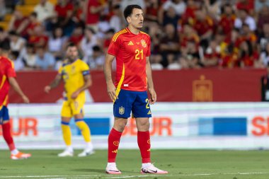 Badajoz, İspanya - 5 Haziran 2024: İspanyol futbol takımı Bajajoz 'da Andorra takımıyla dostluk maçı yapar. Tam bir futbol takımı. Euro 2024.