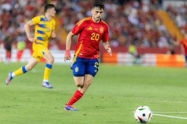 Badajoz, İspanya - 5 Haziran 2024: İspanyol futbol takımı Bajajoz 'da Andorra takımıyla dostluk maçı yapar. Tam bir futbol takımı. Euro 2024.