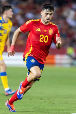 Badajoz, İspanya - 5 Haziran 2024: İspanyol futbol takımı Bajajoz 'da Andorra takımıyla dostluk maçı yapar. Tam bir futbol takımı. Euro 2024.