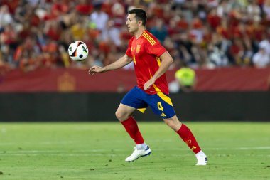 Badajoz, İspanya - 5 Haziran 2024: İspanyol futbol takımı Bajajoz 'da Andorra takımıyla dostluk maçı yapar. Tam bir futbol takımı. Euro 2024.