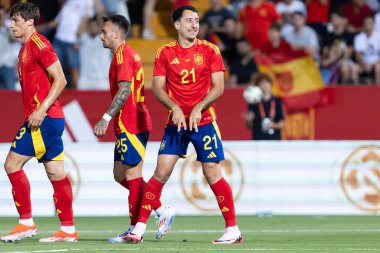 Badajoz, İspanya - 5 Haziran 2024: İspanyol futbol takımı Bajajoz 'da Andorra takımıyla dostluk maçı yapar. Tam bir futbol takımı. Euro 2024.