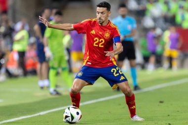 Badajoz, İspanya - 5 Haziran 2024: İspanyol futbol takımı Bajajoz 'da Andorra takımıyla dostluk maçı yapar. Tam bir futbol takımı. Euro 2024.