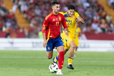 Badajoz, İspanya - 5 Haziran 2024: İspanyol futbol takımı Bajajoz 'da Andorra takımıyla dostluk maçı yapar. Tam bir futbol takımı. Euro 2024.
