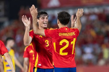 Badajoz, İspanya - 5 Haziran 2024: İspanyol futbol takımı Bajajoz 'da Andorra takımıyla dostluk maçı yapar. Tam bir futbol takımı. Euro 2024.