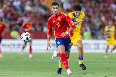 Badajoz, İspanya - 5 Haziran 2024: İspanyol futbol takımı Bajajoz 'da Andorra takımıyla dostluk maçı yapar. Tam bir futbol takımı. Euro 2024.