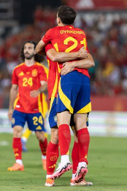 Badajoz, İspanya - 5 Haziran 2024: İspanyol futbol takımı Bajajoz 'da Andorra takımıyla dostluk maçı yapar. Tam bir futbol takımı. Euro 2024.