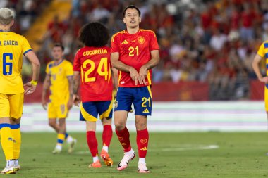 Badajoz, İspanya - 5 Haziran 2024: İspanyol futbol takımı Bajajoz 'da Andorra takımıyla dostluk maçı yapar. Tam bir futbol takımı. Euro 2024.