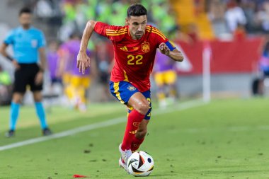 Badajoz, İspanya - 5 Haziran 2024: İspanyol futbol takımı Bajajoz 'da Andorra takımıyla dostluk maçı yapar. Tam bir futbol takımı. Euro 2024.