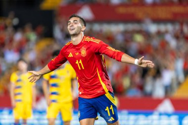Badajoz, İspanya - 5 Haziran 2024: İspanyol futbol takımı Bajajoz 'da Andorra takımıyla dostluk maçı yapar. Tam bir futbol takımı. Euro 2024.