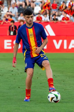 Badajoz, İspanya - 5 Haziran 2024: İspanyol futbol takımı Bajajoz 'da Andorra takımıyla dostluk maçı yapar. Tam bir futbol takımı. Euro 2024.