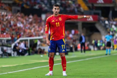 Badajoz, İspanya - 5 Haziran 2024: İspanyol futbol takımı Bajajoz 'da Andorra takımıyla dostluk maçı yapar. Tam bir futbol takımı. Euro 2024.