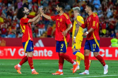 Badajoz, İspanya - 5 Haziran 2024: İspanyol futbol takımı Bajajoz 'da Andorra takımıyla dostluk maçı yapar. Tam bir futbol takımı. Euro 2024.