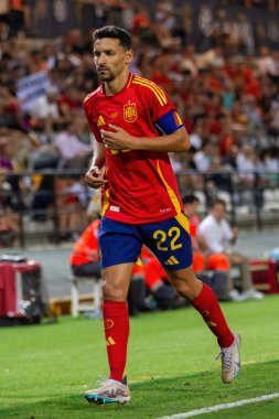 Badajoz, İspanya - 5 Haziran 2024: İspanyol futbol takımı Bajajoz 'da Andorra takımıyla dostluk maçı yapar. Tam bir futbol takımı. Euro 2024.