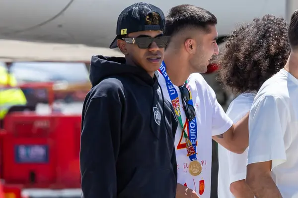 stock image Madrid, Spain - July 15, 2024: The Spanish national soccer team arrives at the Madrid-Barajas airport with the Euro 2024 champions cup. Players of the soccer team. Spain champion