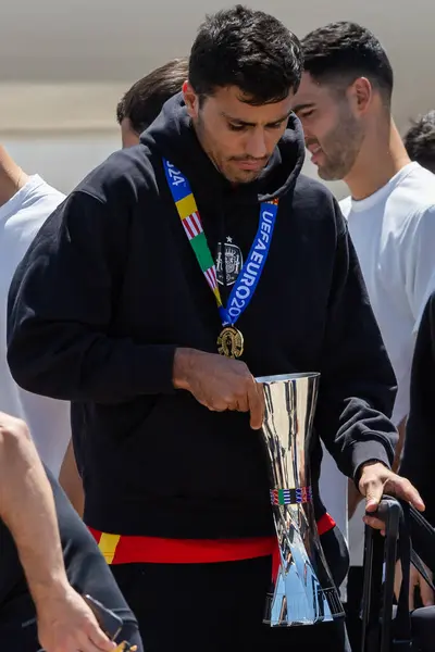 stock image Madrid, Spain - July 15, 2024: The Spanish national soccer team arrives at the Madrid-Barajas airport with the Euro 2024 champions cup. Players of the soccer team. Spain champion