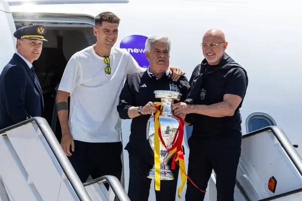 stock image Madrid, Spain - July 15, 2024: The Spanish national soccer team arrives at the Madrid-Barajas airport with the Euro 2024 champions cup. Players of the soccer team. Spain champion