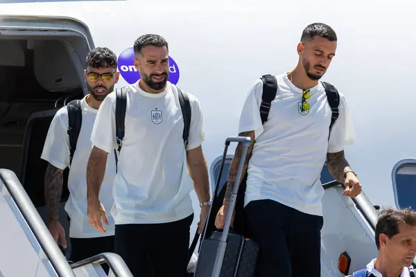 stock image Madrid, Spain - July 15, 2024: The Spanish national soccer team arrives at the Madrid-Barajas airport with the Euro 2024 champions cup. Players of the soccer team. Spain champion